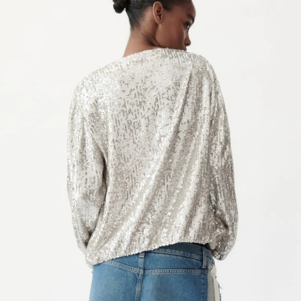 ZARA SEQUINED BOMBER JACKET BEIGE SIZE S_12